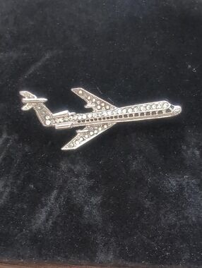 Rhinestone Airplane Pin Brooch - Silver Tone